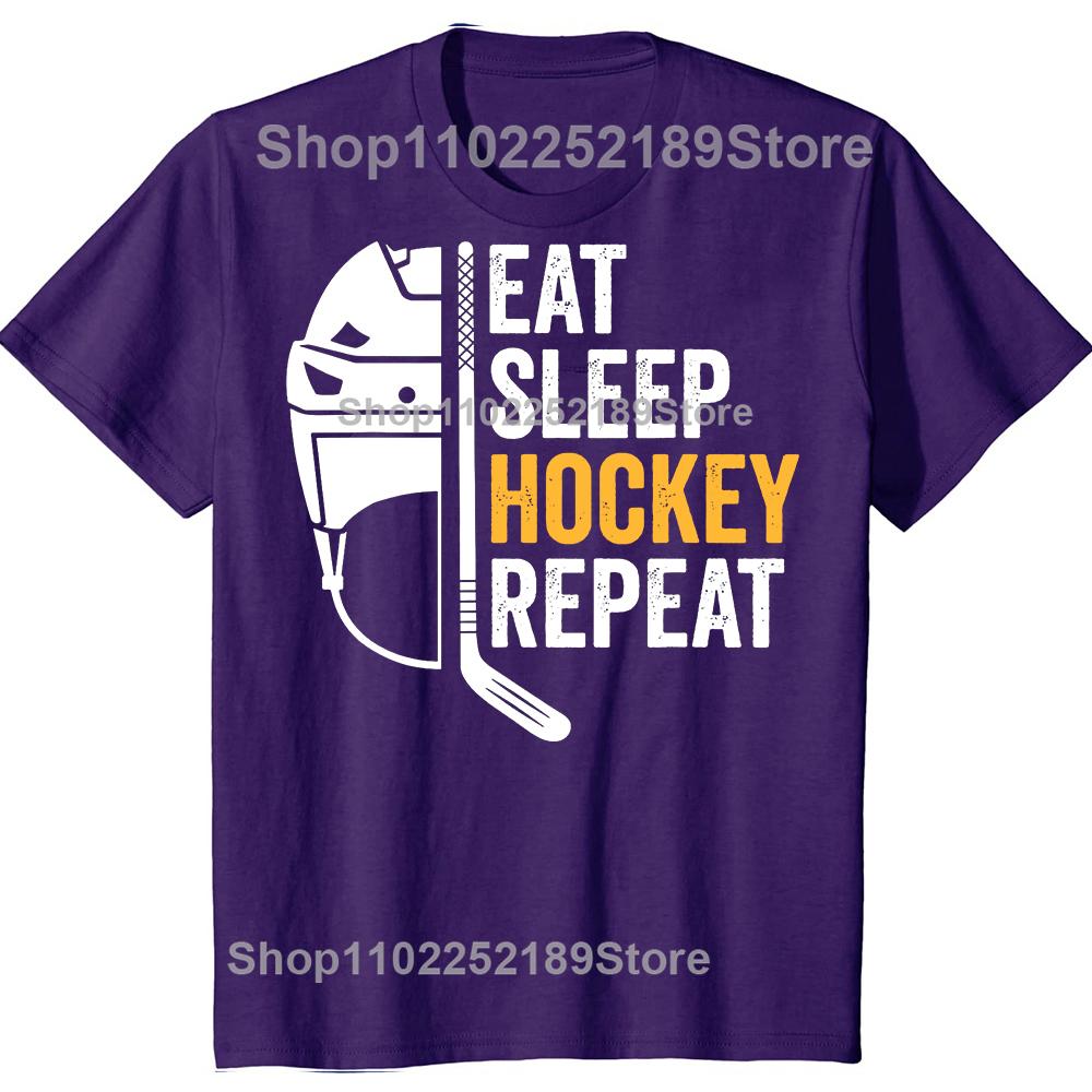 Funny Eat Sleep Hockey Repeat Graphic T-shirts Men Women's Fashion Casual Tshirt 100% Cotton Loose Ice Hockey Retro T Shirt