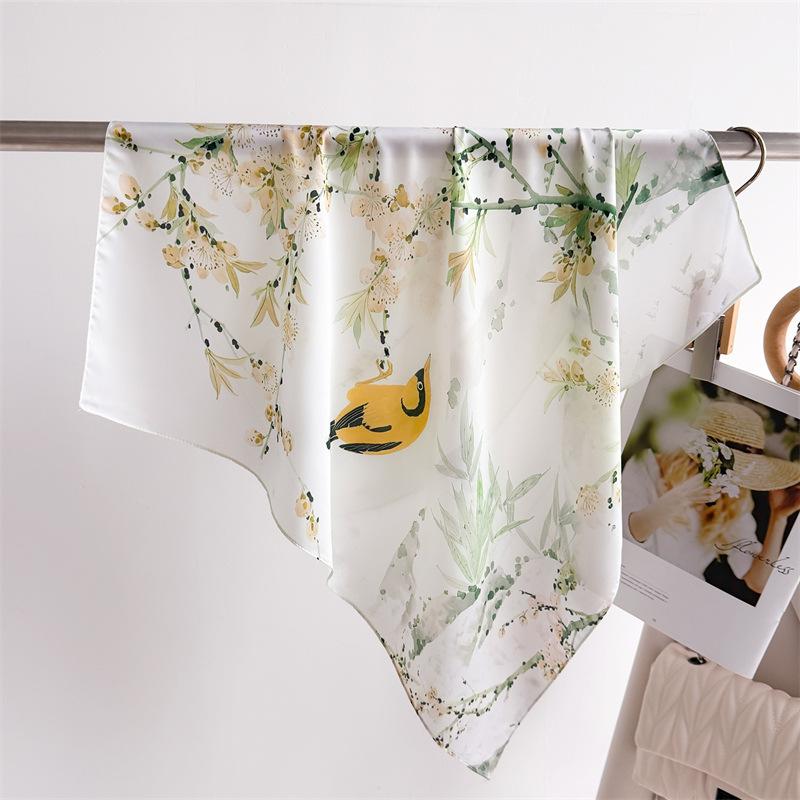 Flowers Birds Print Shawl Square Scarf for Women Satin Fashion Wraps Neckerchief Female Hair Bands Ribbon Headband Bandana