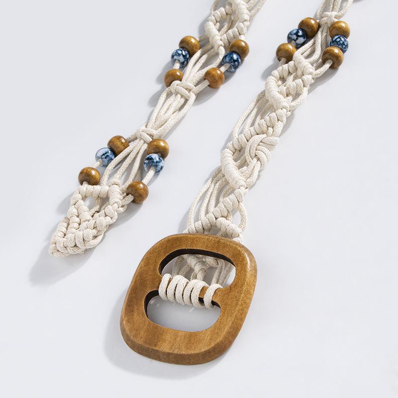 Bohemian Wax Rope Woven Ethnic Style Handcrafted Wooden Bead Women's Waist Belt, Casual Vacation Style Exquisite Square Wood Buckle Waist Rope