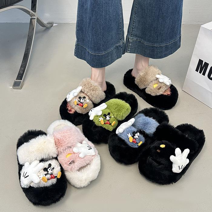 Cute cartoon one-word mop Mao Mao slippers women's outer wear 2025 autumn new thick-bottomed comfortable versatile non-slip cotton mop