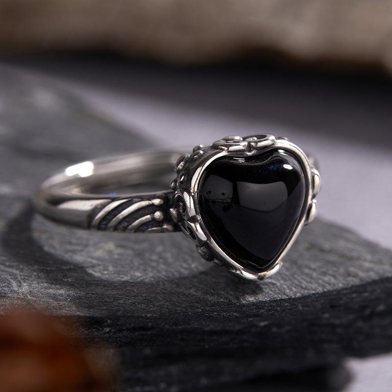 Orecchini in Argento Sterling S925 Anello Amore in Agata Nera Naturale Anello Aperto per Dito Indice Donna Personalità di Nicchia Argento Thailandese Retrò