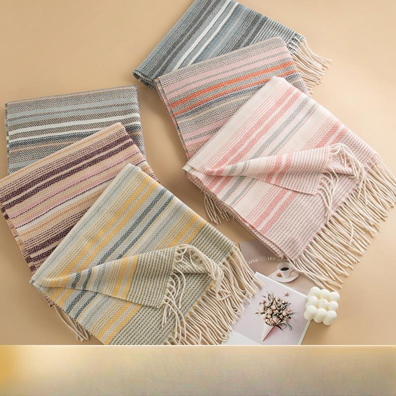 Japanese and Korean Colored Striped Imitation Cashmere Tassel Scarf for Women High End Contrast Color Versatile Thickened Warm Scarf