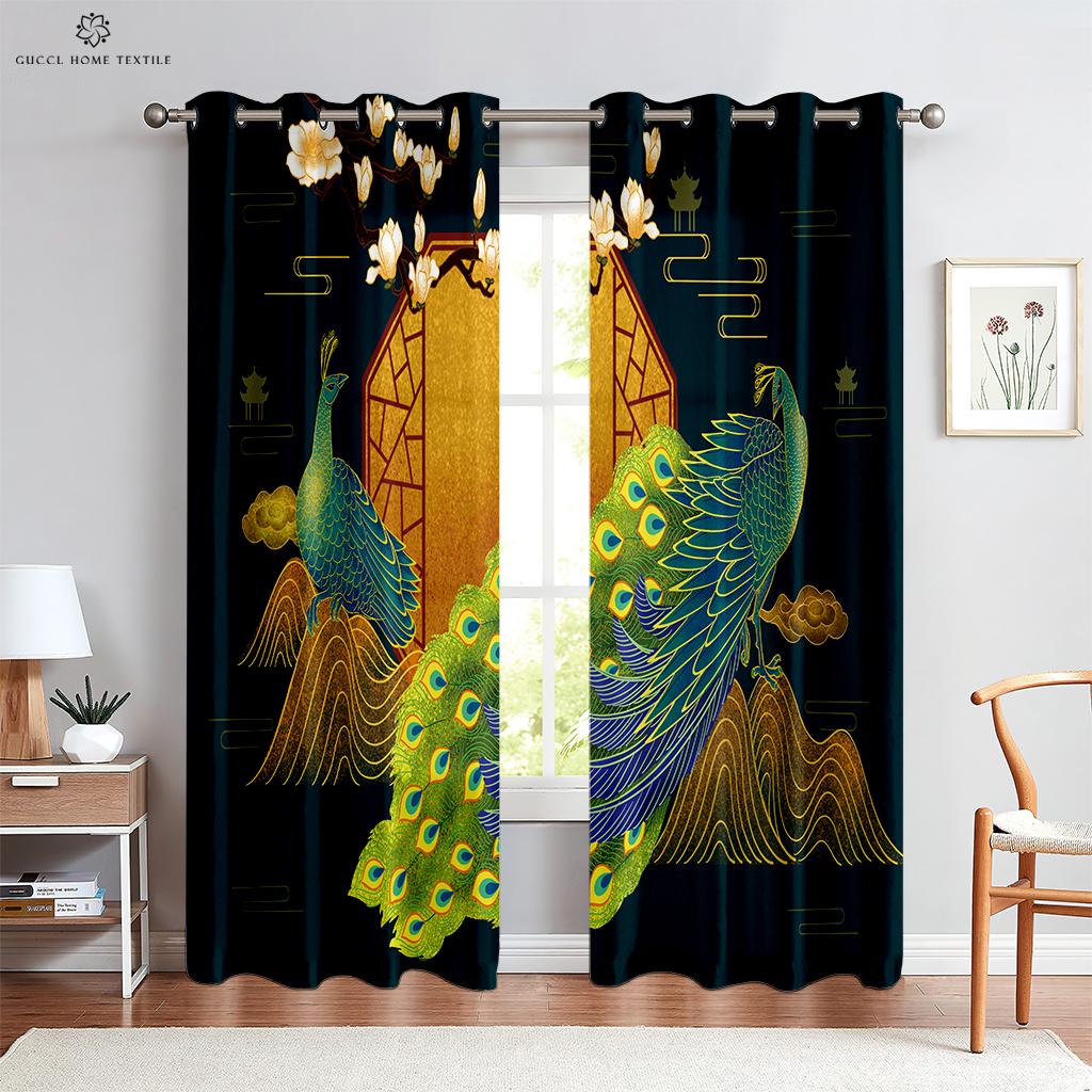 Vintage Peacock 3D-utskrift vindusgardiner, stanglomme, soverom, stue, kjøkkeninnredning, kan tilpasses, 2 stk.