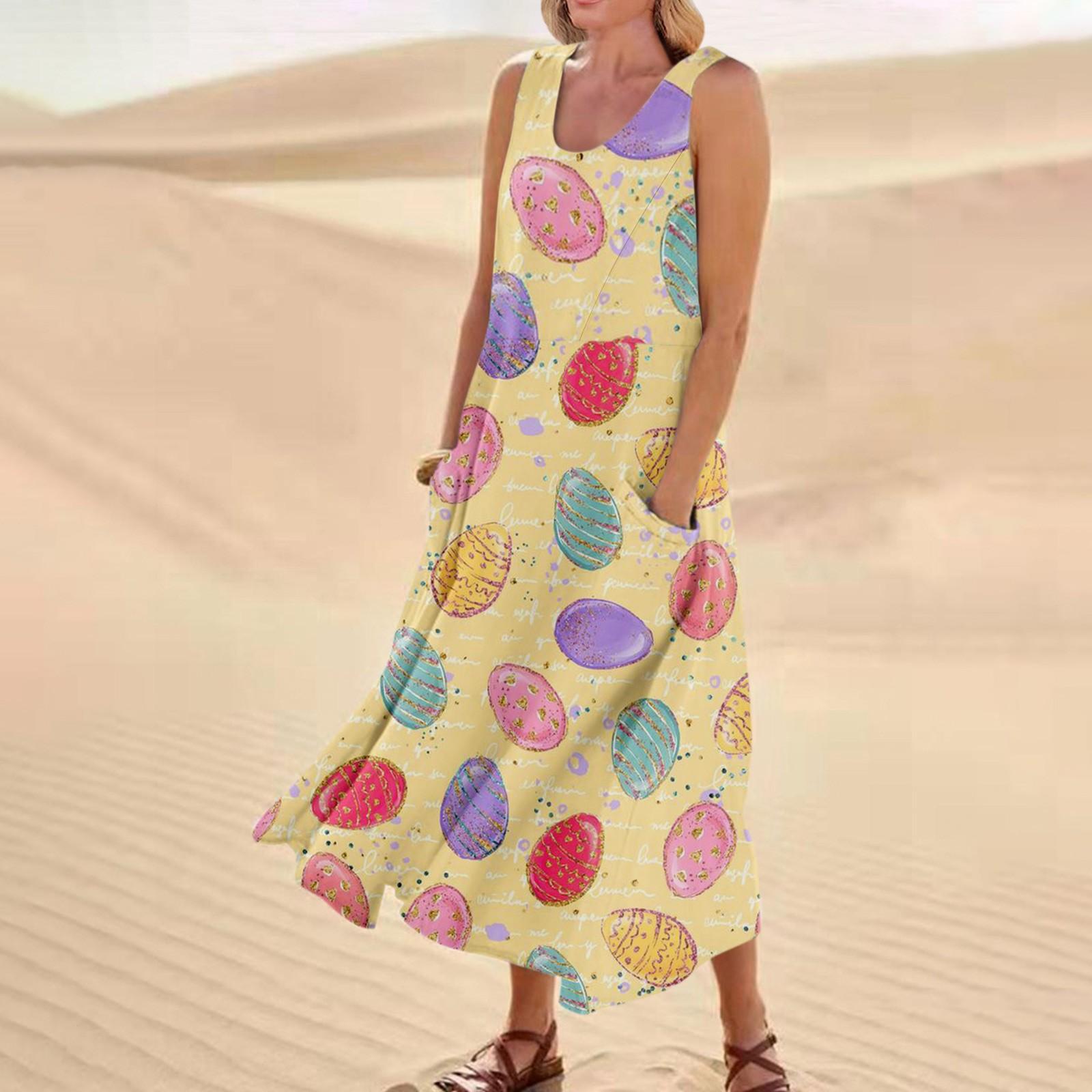 

Женское летнее повседневное модное пасхальное платье без рукавов с круглым вырезом и карманом L