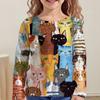 Children's Cute Cat 3D Digital Print Girl Casual and Comfortable Round Neck Long Sleeved T-shirt