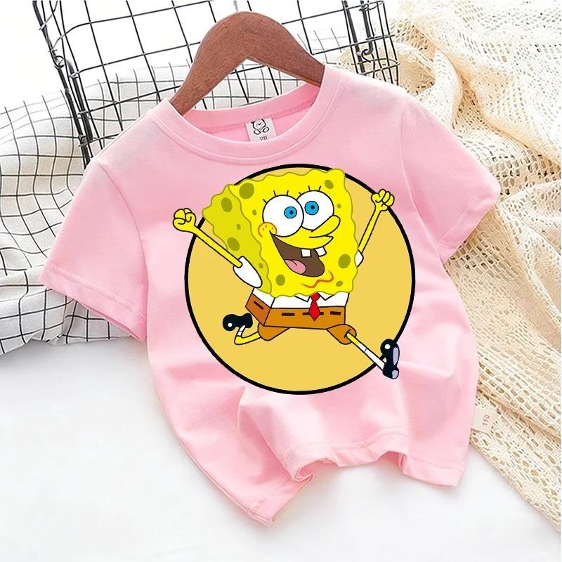 SpongeBob T-Shirt for Kids, Cartoon Design, Round Neck, for Boys and Girls, Cotton, Casual Streetwear, Short Sleeve, Kids' Tops