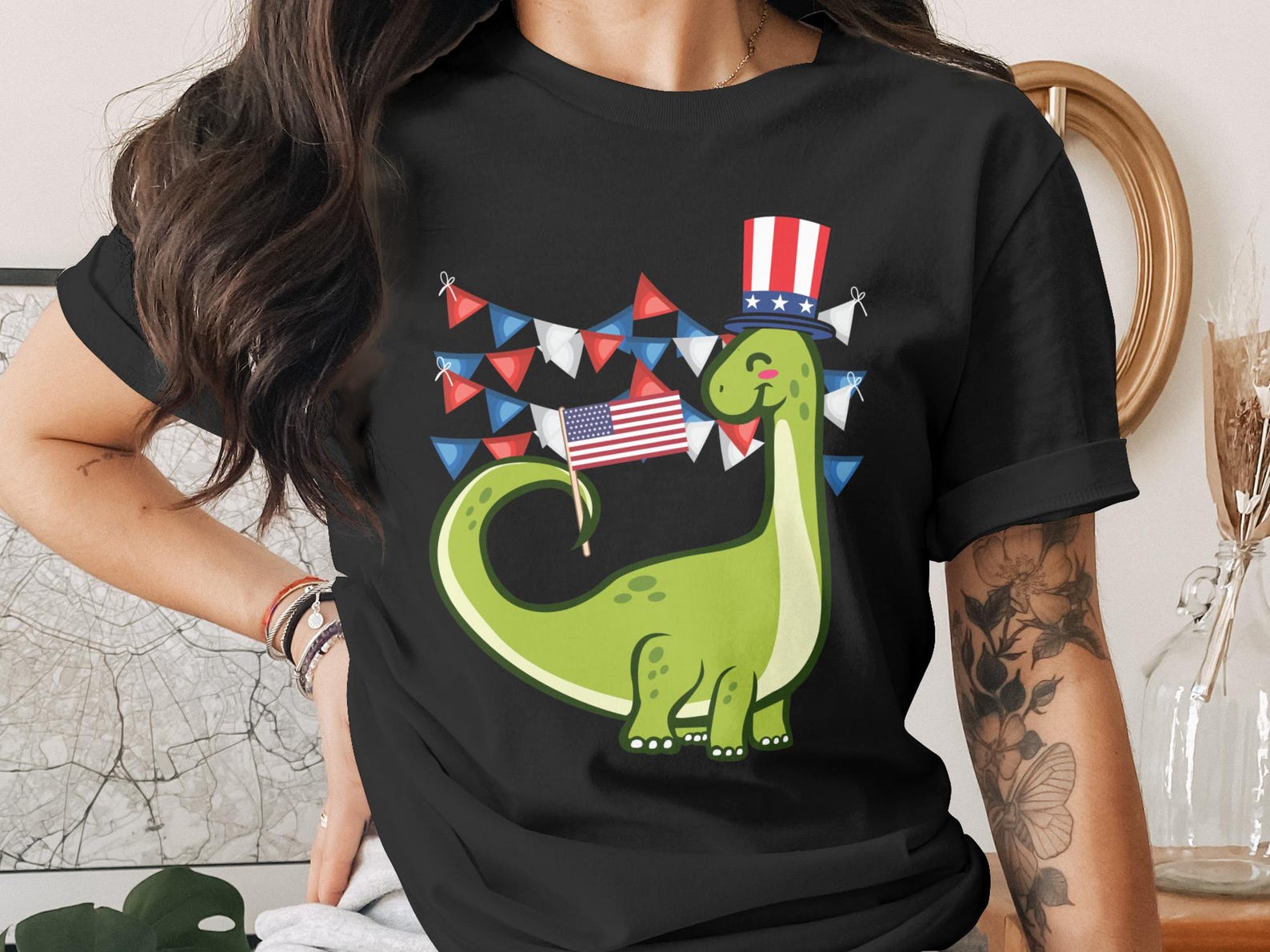 Patriotic Dinosaur T-Shirt - Cute 4th of July Dino Shirt, Uncle Sam Brontosaurus Tee, Kids USA Independence Day Top M