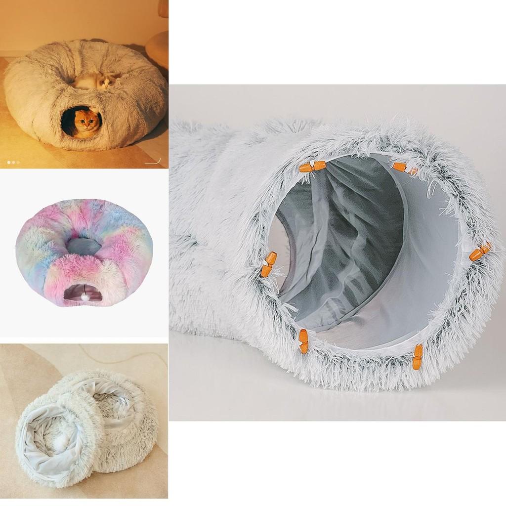 Elegant Grey And Patterned Cat Bed Tunnel Soft Plush Material Cozy Foldable Nest Perfect For Winter Use