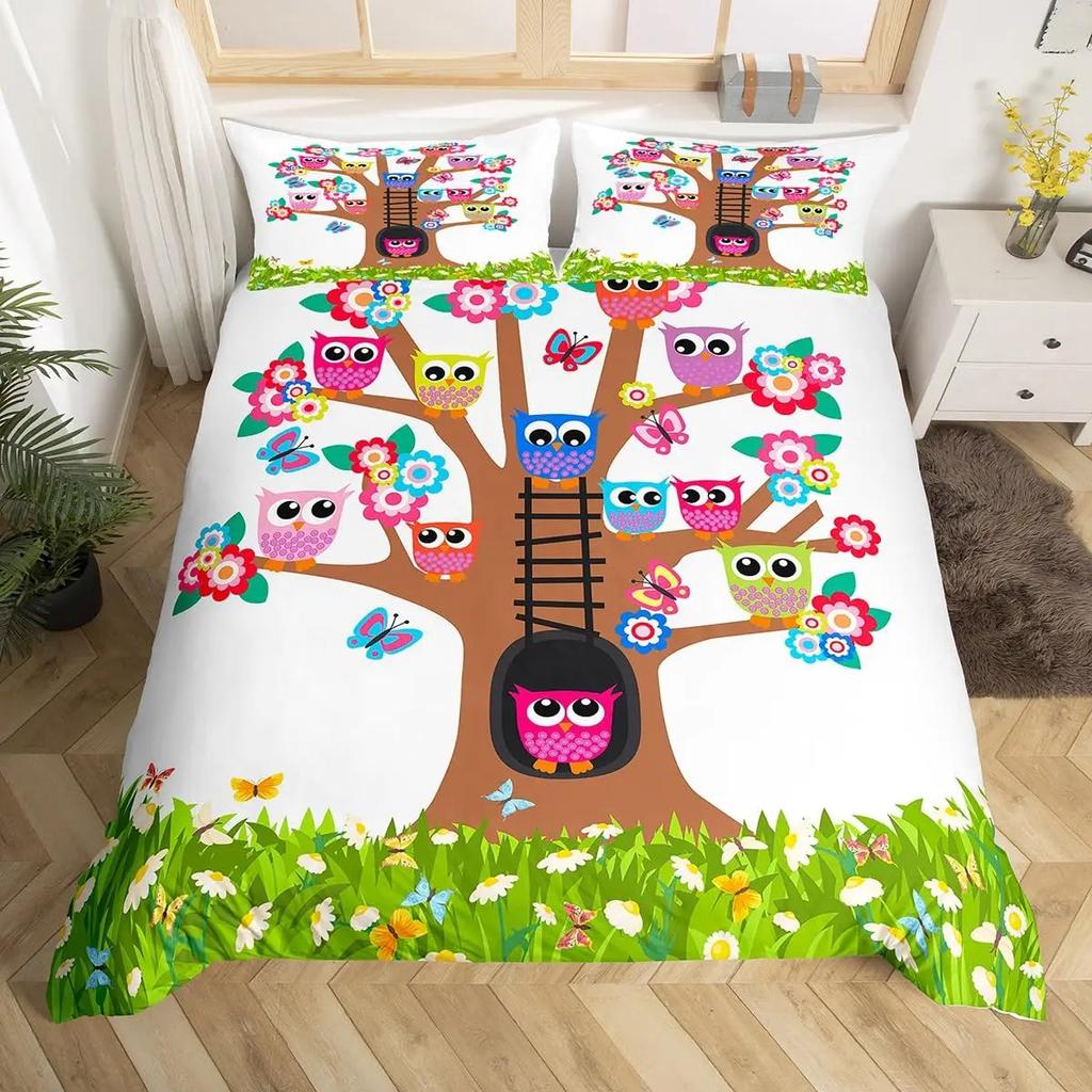 Kids Cartoon Garden Bed Set Cute Owls Comforter Cover, Chic Tree Butterfly Duvet Cover Full Queen White Daisy Floral Bedding Set