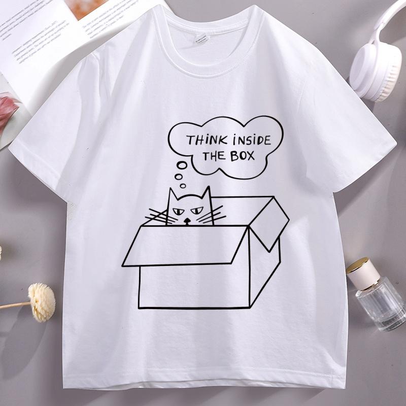 

Think Inside The Box Line Art T-shirt Funny Cat Printed Tshirt Cotton Short Sleeve Round Neck T Shirt High Quality Unisex Clothes 4XL