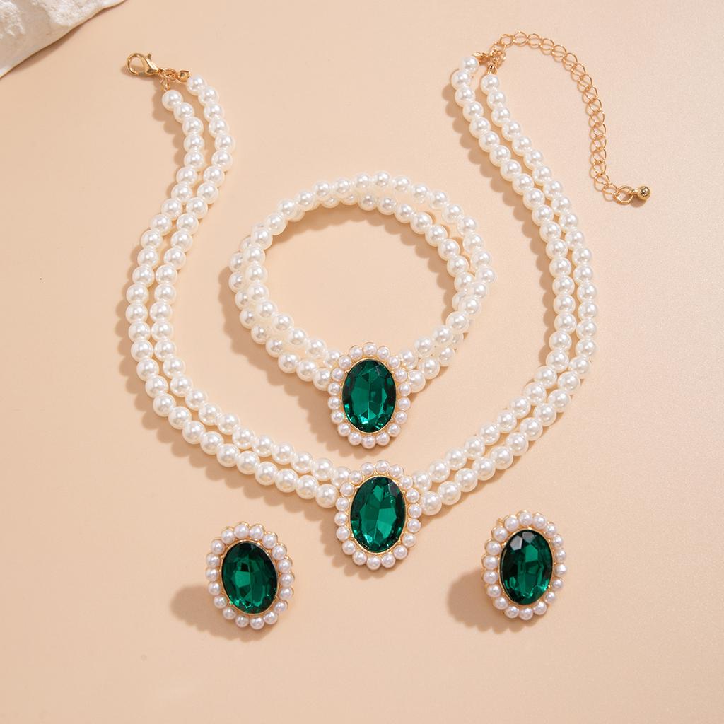4-teiliges Damenmode Leichter Luxus Kurzer Stil Imitationsperle Türkis Halskette Ohrringe Armband Zirkon Set Party Festival Geschenk