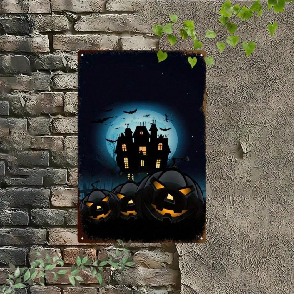 Halloween 2D Flat Metal Sign, Castle Pumpkin Pattern 8x12 Inch Waterproof Wall Art, Vintage Hanging Decor Indoor Outdoor