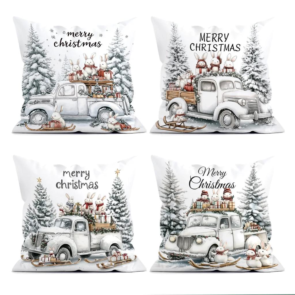 Christmas bunny gift delivery team Cushions Pillowcase Polyester Cushion Cover Throw Pillow Pillowcover Home Car Sofa Decor
