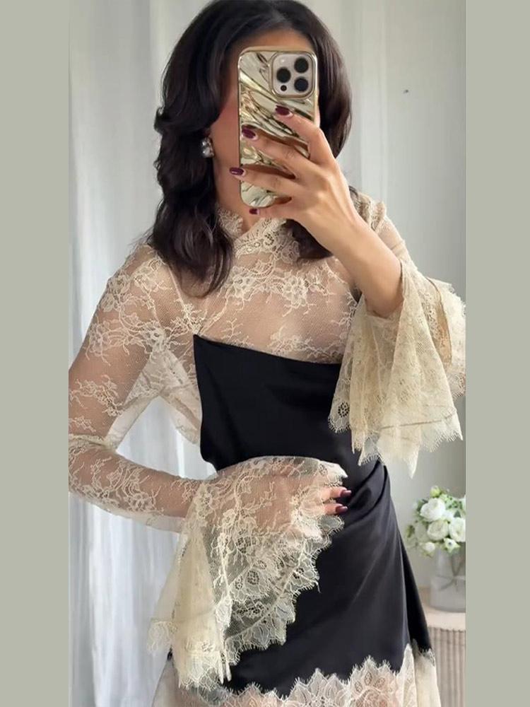 Women's Lace Patchwork Short Dress Ladies' Fashionable Floral Bud Cuff Dress Black 2025 New Collection