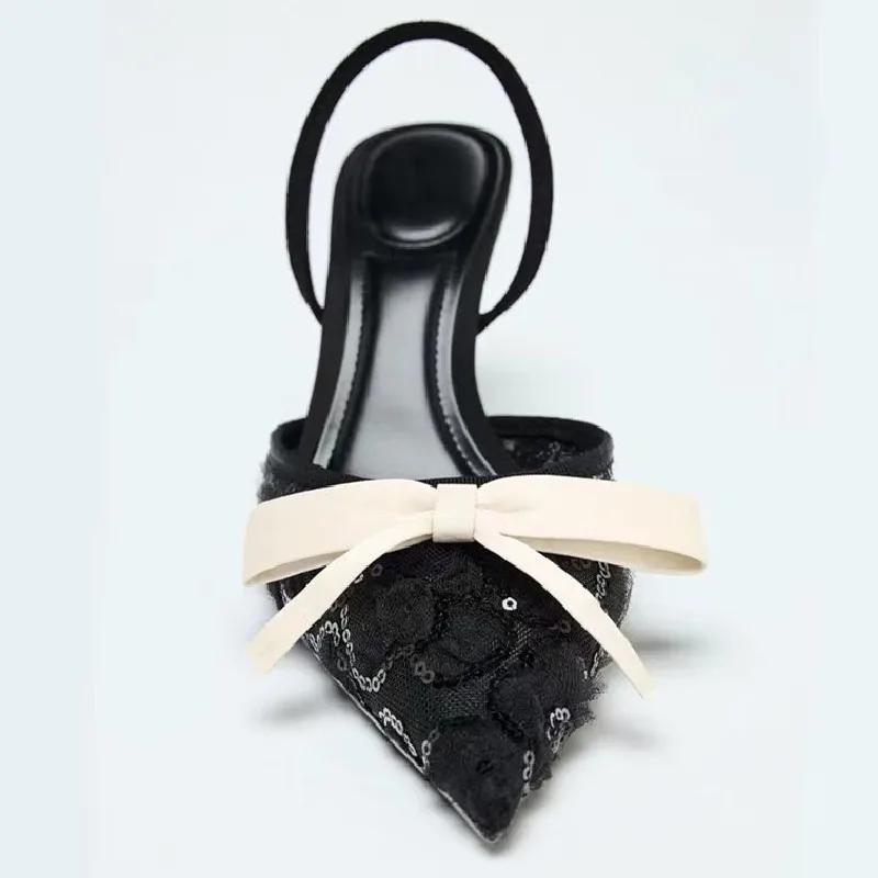 Brand Designer Heels for Women Fashion Pointed Toe Mesh Bling Bow Summer Sandals Elegant Banquet Back Strap Party Shoes Ladies