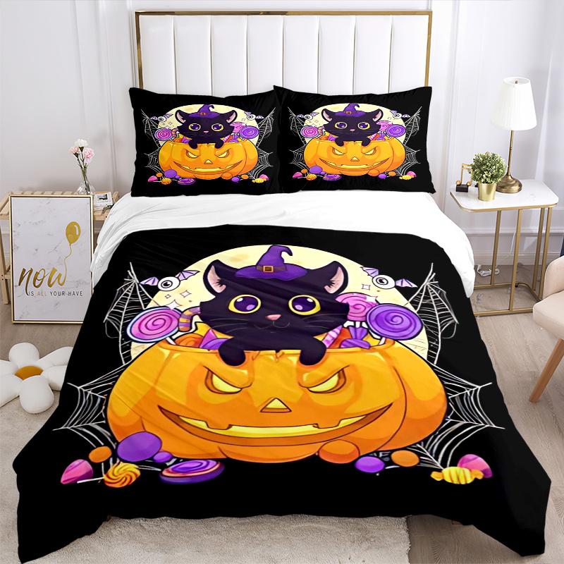 3pcs Cartoon Cat & Pumpkin Trick or Treat Print Bedding Set (1 Cover + 2 Pillowcases, Without Inserts), This Printed Bedding Set is Soft and