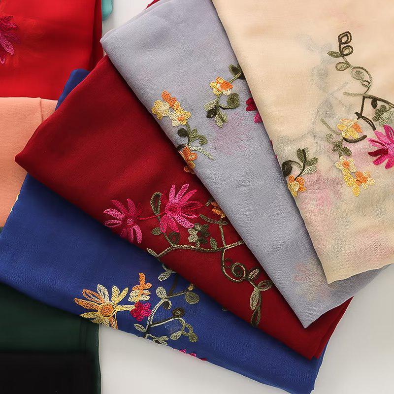 Ethnic Style Embroidered Cotton-Linen Scarf: Thin, Breathable, Fashionable Sun Protection; Wear as Head Wrap or Shawl.