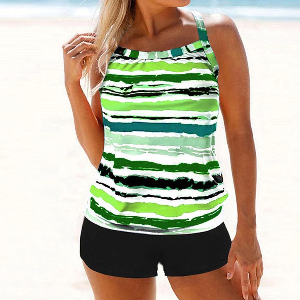 2024 Europäischer & Amerikanischer Stil Damen Sexy Konservativer Tankini mit Bedruckten Flachbein-Shorts