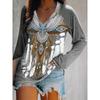 Women's Western-Style Ethnic Print V-Neck T-Shirt — Retro Western-Style Loose-Fit Long-Sleeve Top