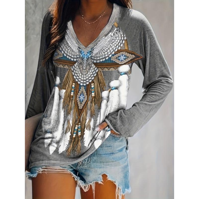 Women s Western-Style Ethnic Print V-Neck T-Shirt — Retro Western-Style Loose-Fit Long-Sleeve Top S