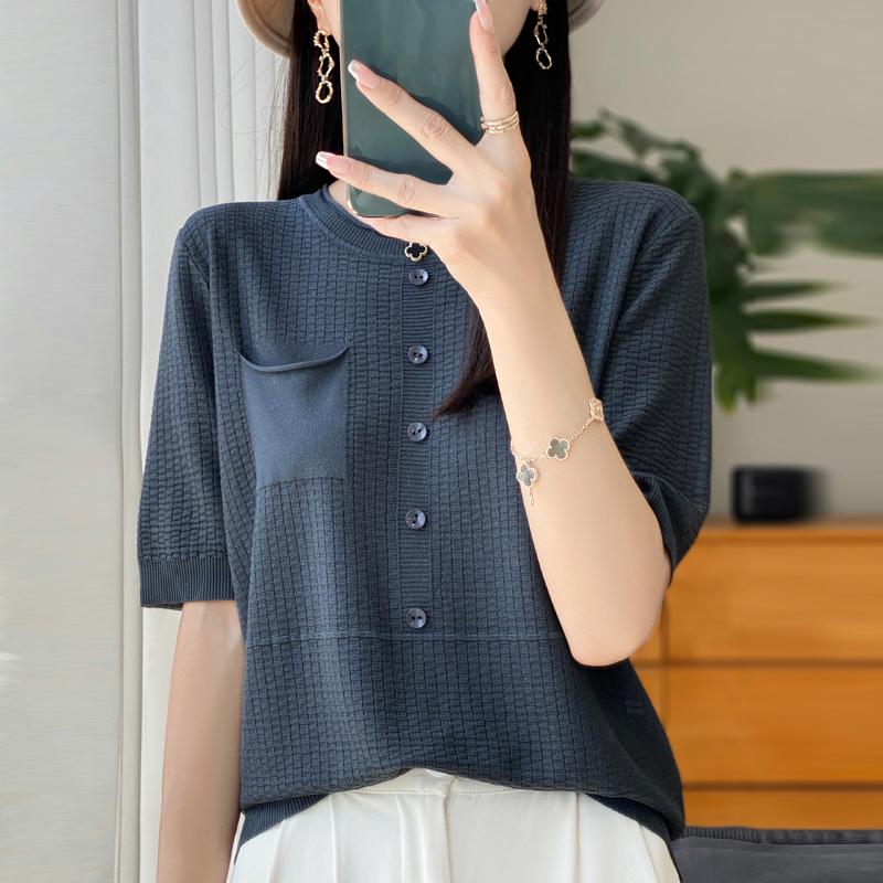 Women Knit T-shirt Summer Knitted Shirt Short Sleeve Tees O-neck Pullover Knit Tops Female
