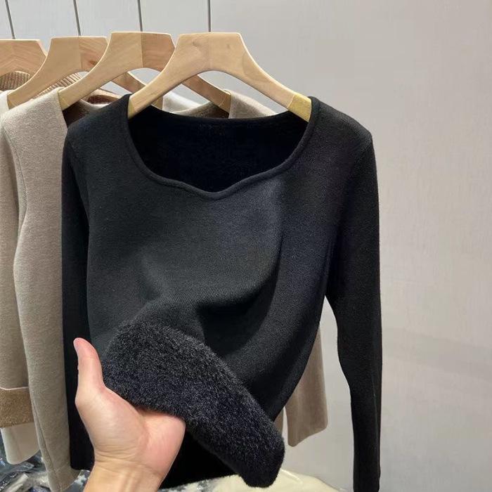 Women's Winter Warm Plush Knit Sweater - Low-Neck One-Piece with Plus Velvet Thickened Base Layer