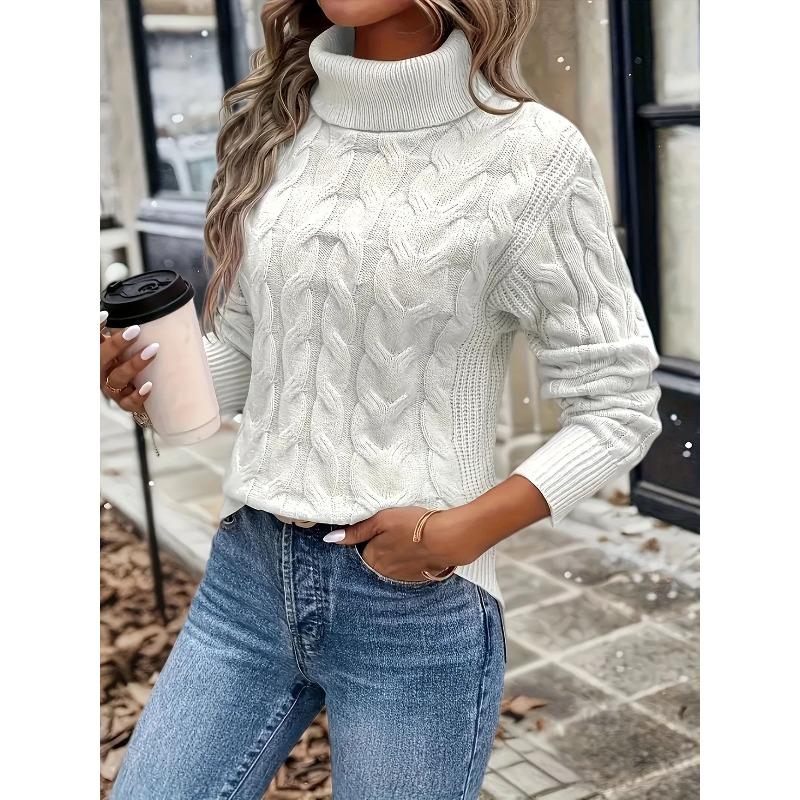 VEZFAA Women's Fashion Casual Fall Winter Solid Color Print Long Sleeve High Neck Sweaters