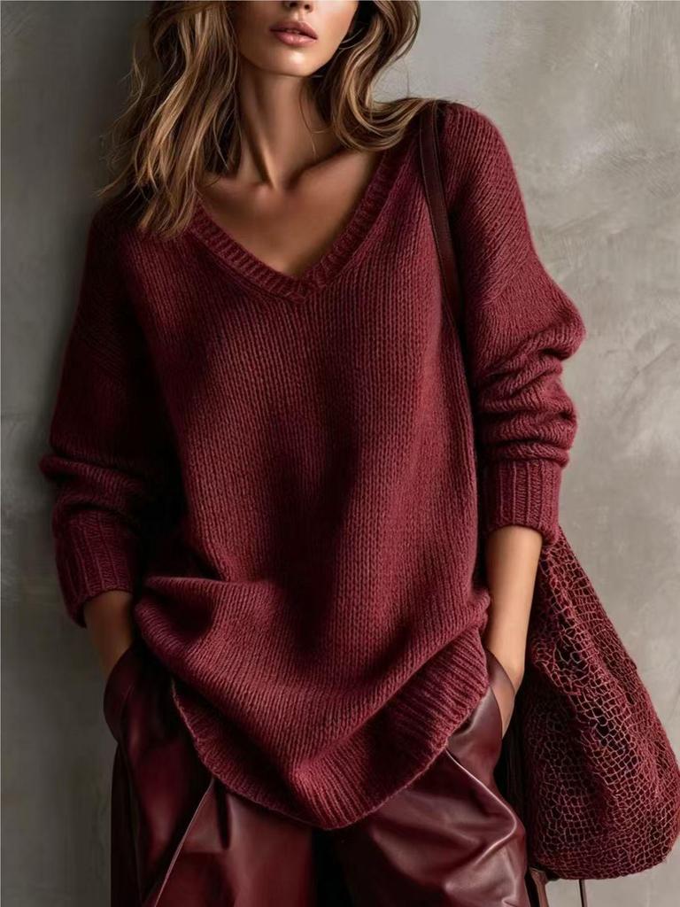 2026 Women's Knit V-Neck Sweater Coat - European & American Fashion - Autumn/Winter Solid Color Arrival