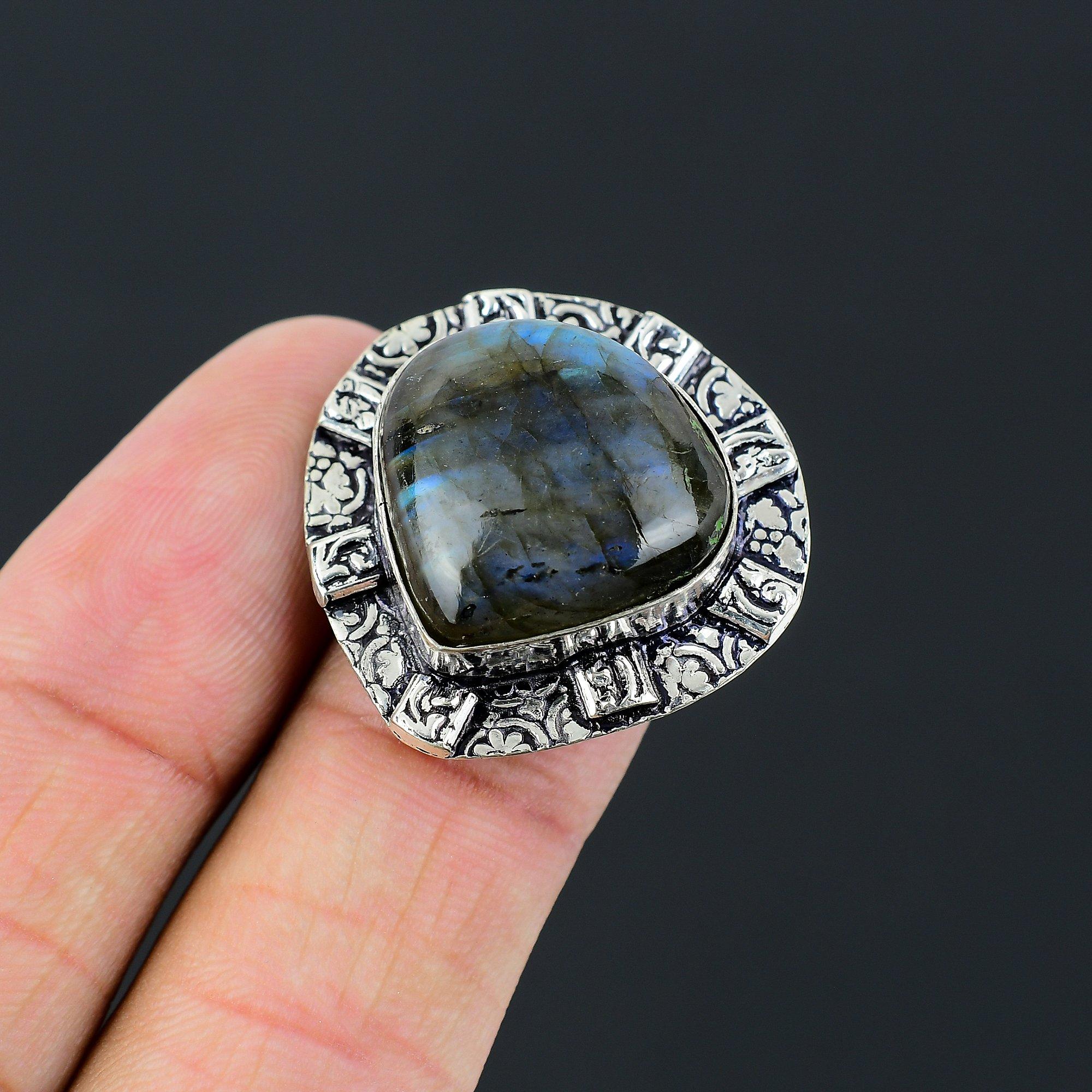 925 Sterling Silver Natural Labradorite Wedding Multi Stone Ethnic Ring Size 7.5 7.5