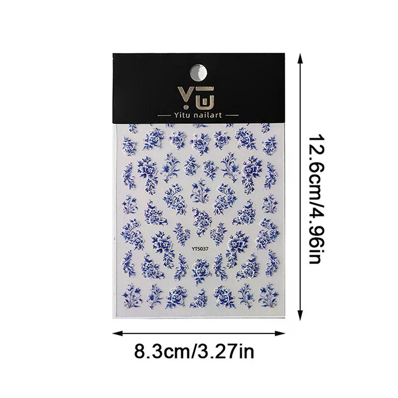 Blue White Porcelain Chinese Style Sticker 3D Self Adhesive Nail Art Sticker Flower Silverback Adhesive Manicure Decal Salon DIY