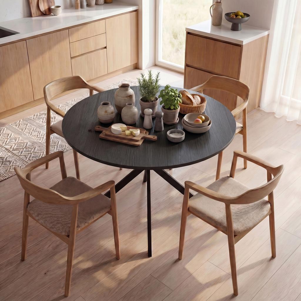 Round Dining Table for 4 People, Industrial-Style Kitchen Table with Steel Legs, for Dining Room, Kitchen, Black