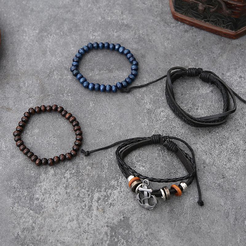 Hot-Selling European & American Hand-Woven Four-Piece PU Bracelet Set with Anchor Design