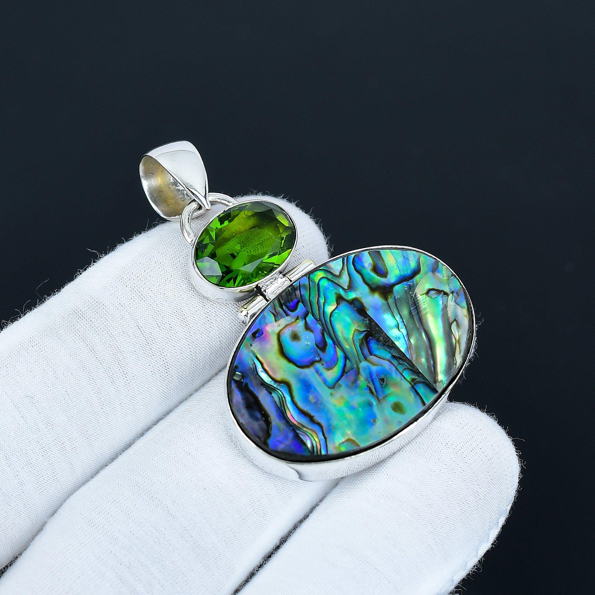 

Natural Abalone Shell With Peridot Stone Pendant Necklace Pendants\Pendants For Her\Peridot Necklace Pendant\Antique Handmade Pendant 6.5 Cm синий