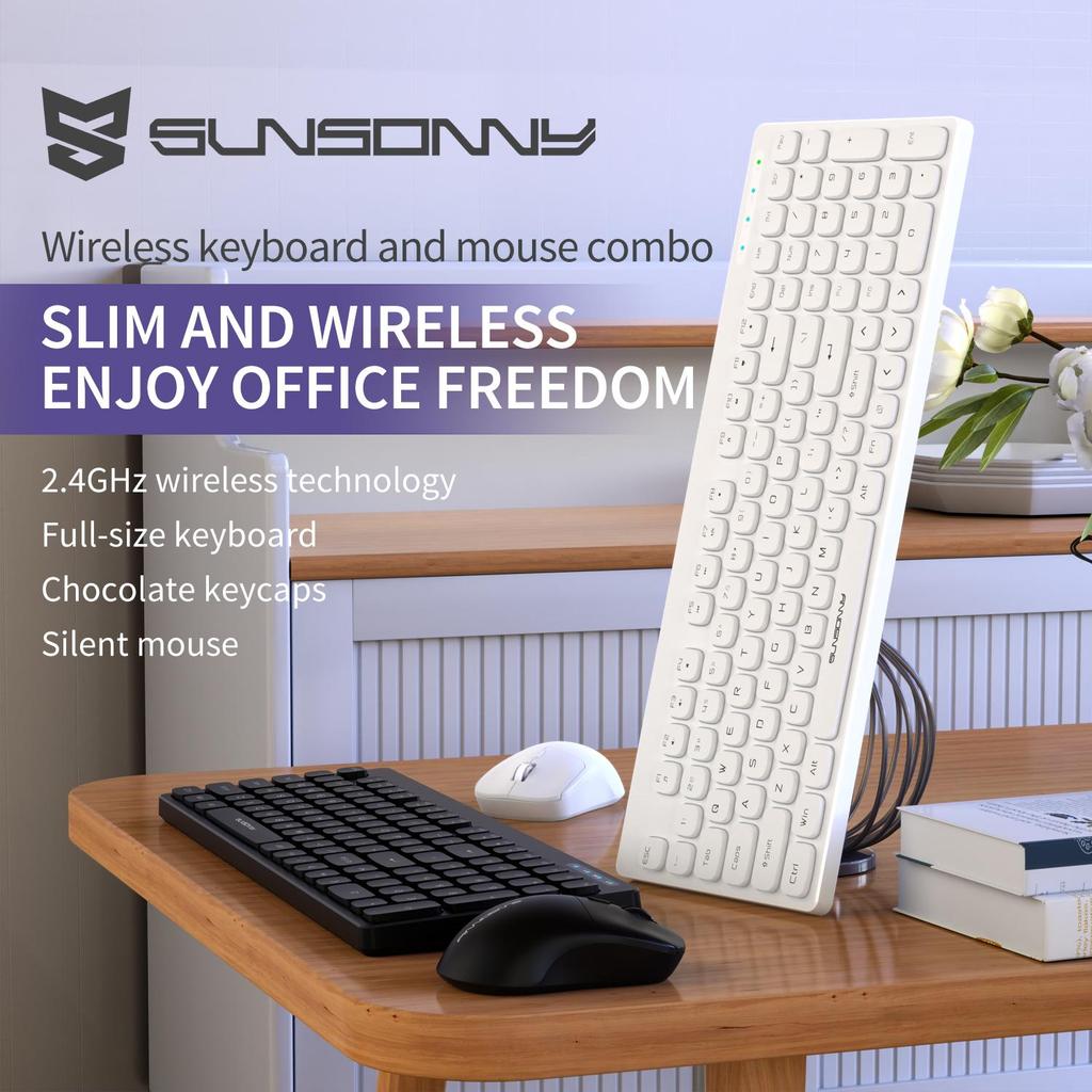 SUNSONNY Wireless Keyboard and Mouse Set Chocolate Silent Office Typing Desktop Laptop Keyboard and Mouse