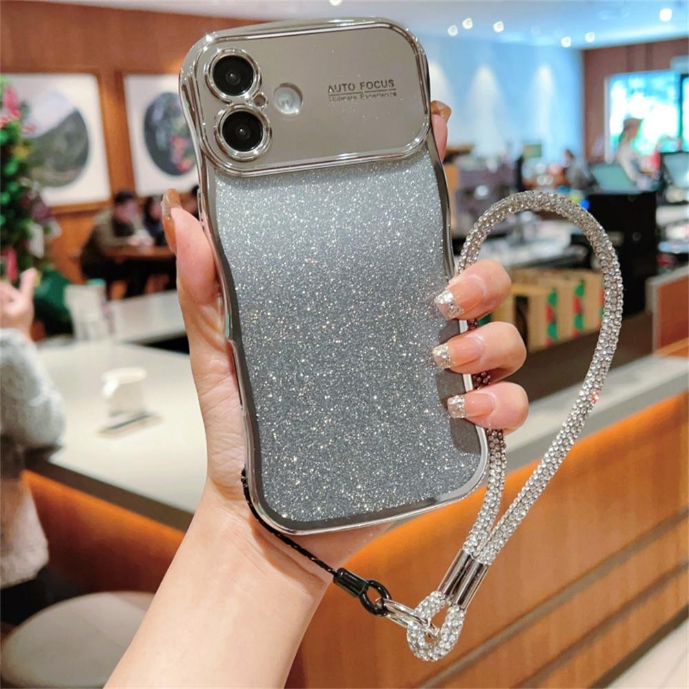For iPhone 16 Case with Strap Gradient Glitter Electroplating TPU Phone Cover