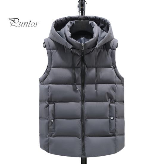 Unisex Cotton Waistcoat Hooded Stand Collar Drawstring Sleeveless Zipper Placket Vest Coat with Pockets Solid Color Thickened Warm Vest Jacket