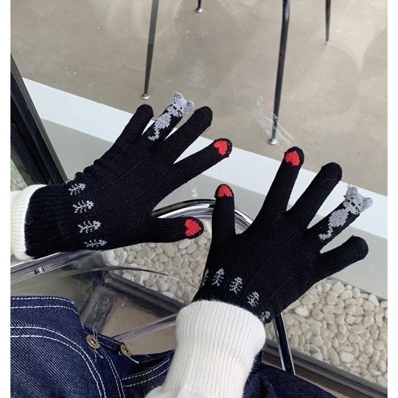 Touch Screen Christmas Red Split Finger Gloves for Female Winter Student Cute Korean Style Thick Plush Riding Warm Winter Trend