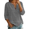 Women Striped Button Down Shirt 3/4 Sleeve Henley Neck Casual Loose Fit Cotton Linen Blouse
