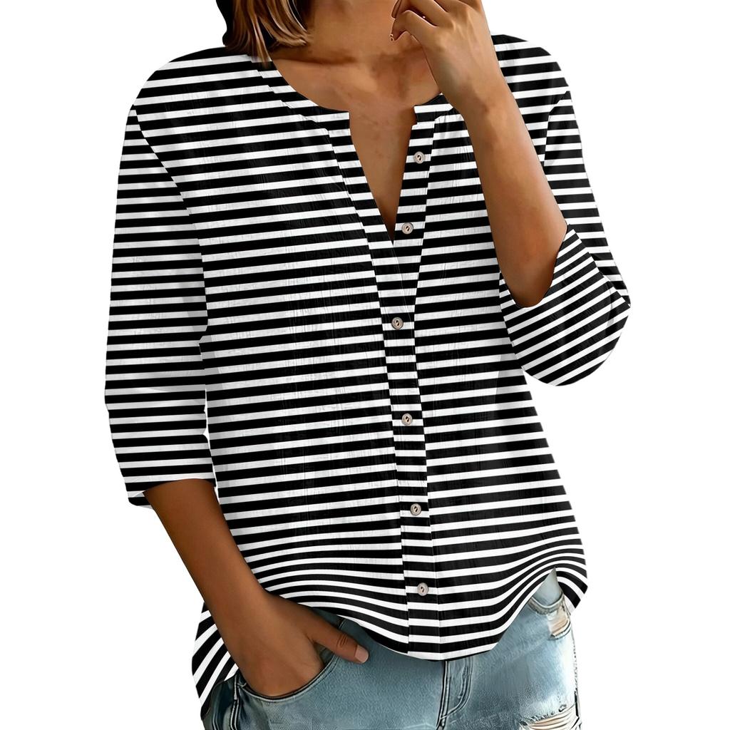 Women Striped Button Down Shirt 3/4 Sleeve Henley Neck Casual Loose Fit Cotton Linen Blouse