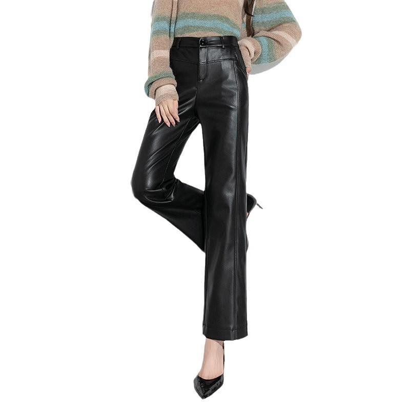 Haining Women's 2025 High-Waist Leather Pants: Slimming, Wide-Leg, Pure Sheepskin, Casual Style