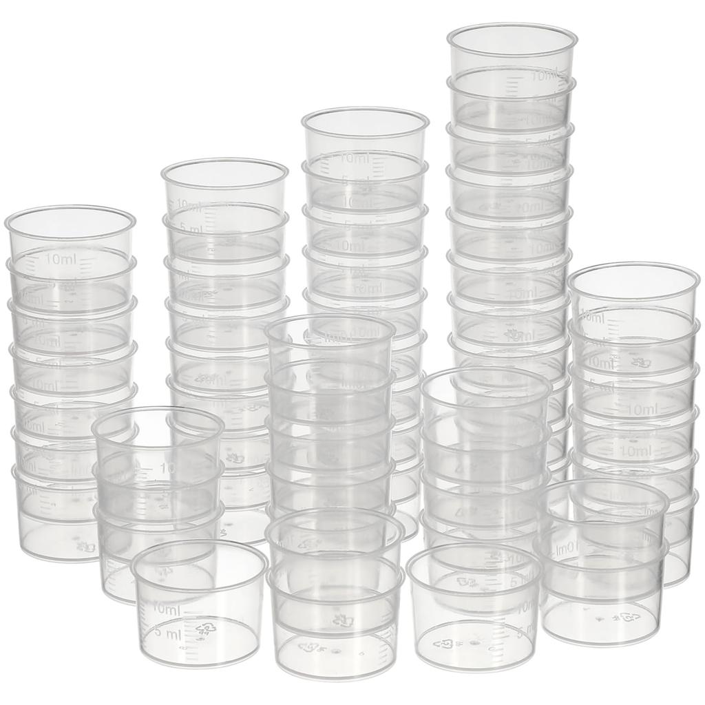 Kichvoe 100pcs Plastic Liquid Measuring Cups: 10ml Graduated Beakers, Clear, with Scale, for Kitchen and Laboratory Use