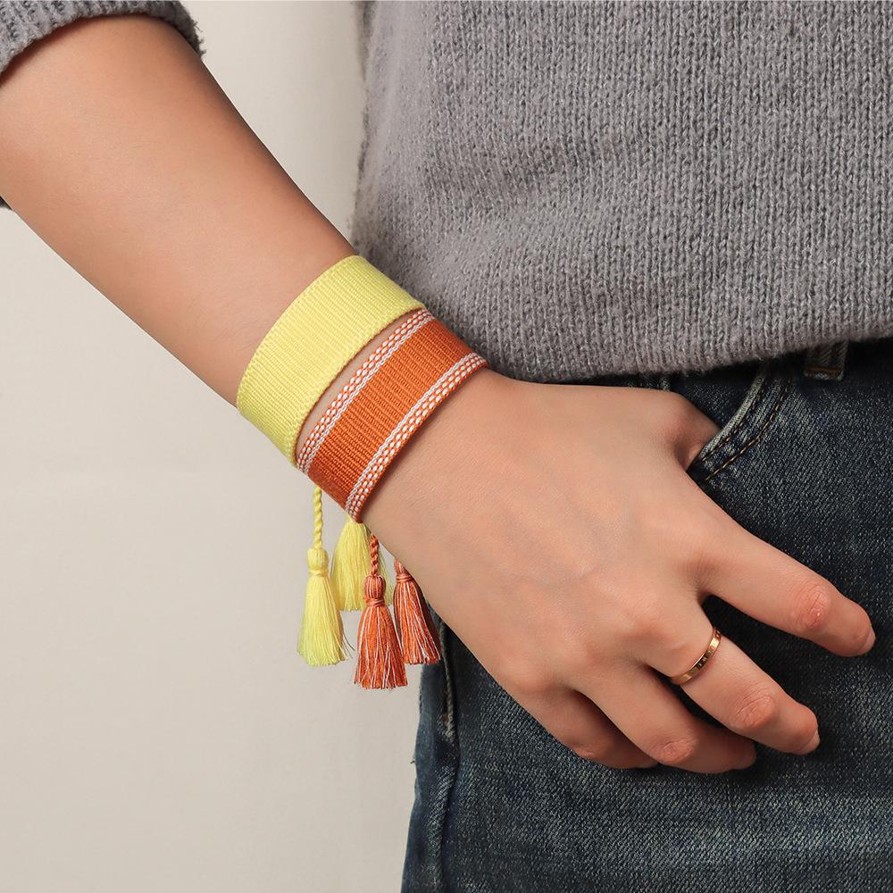 Adjustable European & American Fashion Embroidered Polyester-Cotton Tassel Bracelet with Customizable Logo