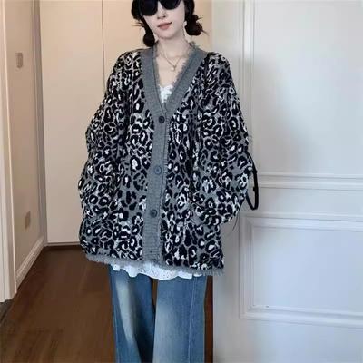 Leopard Print Contrasting Color V-neck Casual Sweater Jacket Women's Autumn Loose Large Size American College Style Lazy Long-sleeved Cardigan