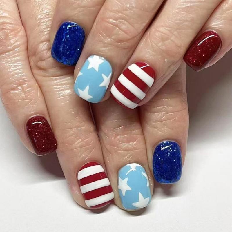 Square Press on Nail 4th of July Fake Nail Independence Day Glues on Nail Patriotic False Nail Full Cover Fake Nail