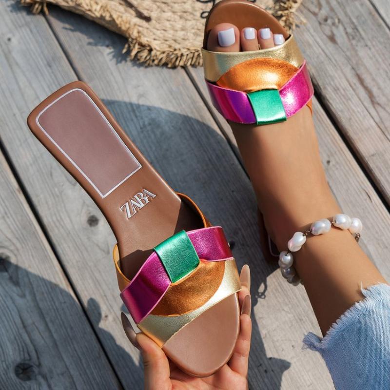 Summer  New Women'S Pu Leather Slippers Cross Flat Sandals Woman Simple Versatile Wedges Shoes Women Designer Sandals