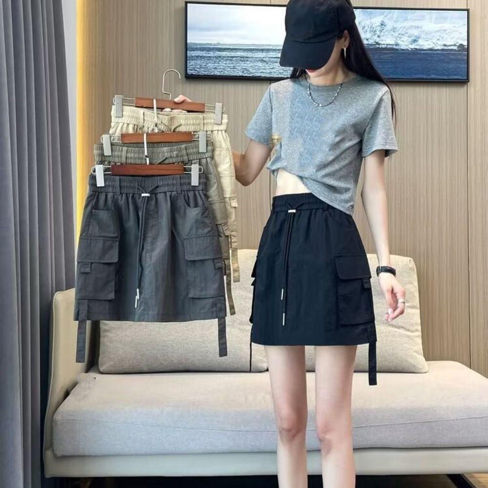 Drawstring Wide Half Leg Skirts Lace Up Causal Skirts Women Fashion High Waist Skirt  Streetwear