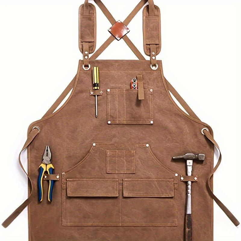 Durable Cotton Canvas Apron w/ Pockets for Woodworking, Electrician, Gardening. Adjustable Leather Straps & Metal Buckles.