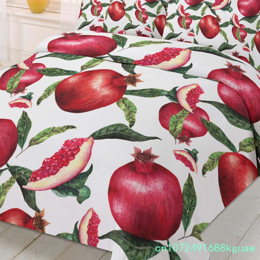 Sommerfrucht Roter Granatapfel Grünes Blatt Bettbezug mit Kissenbezug Kundenspezifisches 3-teiliges Bettwäscheset Steppdeckenbezug Doppelbett Heimtextil