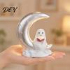 Mini Halloween Table Decor Cute Ghost Reading Book Ornament, Luminous Resin Figurine, Decorative Crescent Moon Sculpture Night Light for Home Desktop