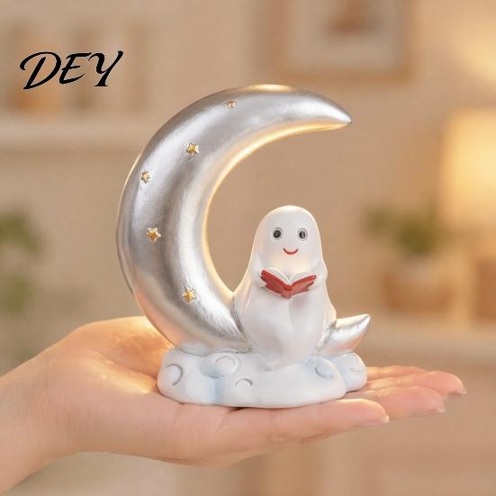 Mini Halloween Table Decor Cute Ghost Reading Book Ornament, Luminous Resin Figurine, Decorative Crescent Moon Sculpture Night Light for Home Desktop